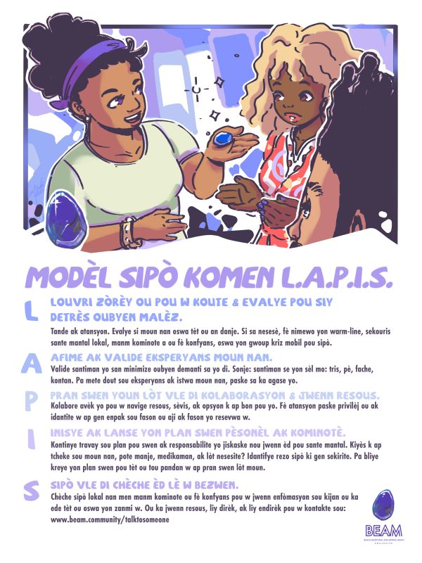 Two women sit facing each other in conversation at a table, with one gesturing. Informational text and illustrations decorate the background, promoting BEAM’s L.A.P.I.S. support program.