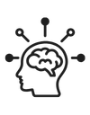 Outline of a human head with a brain inside, surrounded by lines connecting to circles, representing ideas, thinking, or innovation.