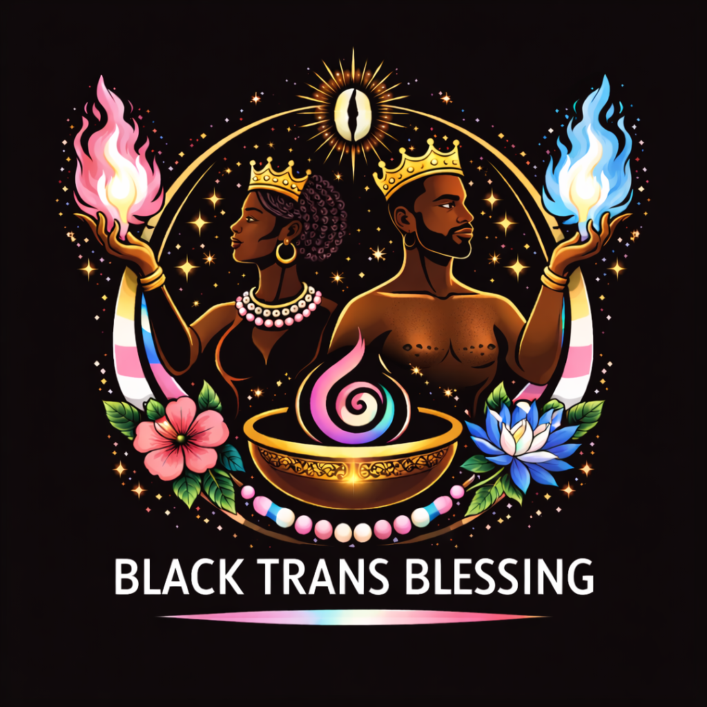 Illustration of a crowned Black trans woman and man holding flames, with flowers, a bowl, rainbow details, and the text “Black Trans Blessing” below.