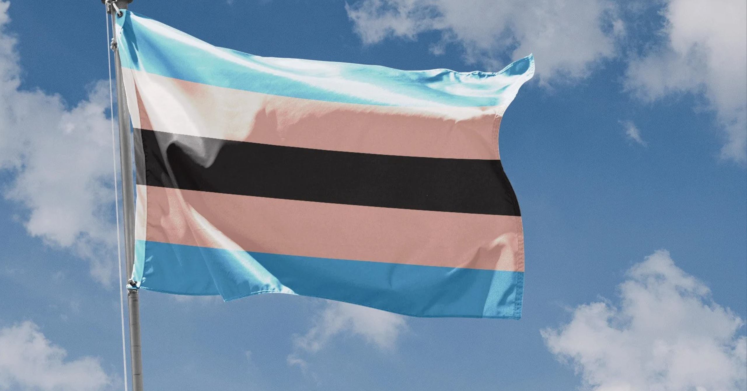 A flag with horizontal stripes in blue, pink, black, pink, and blue flying against a partly cloudy sky.