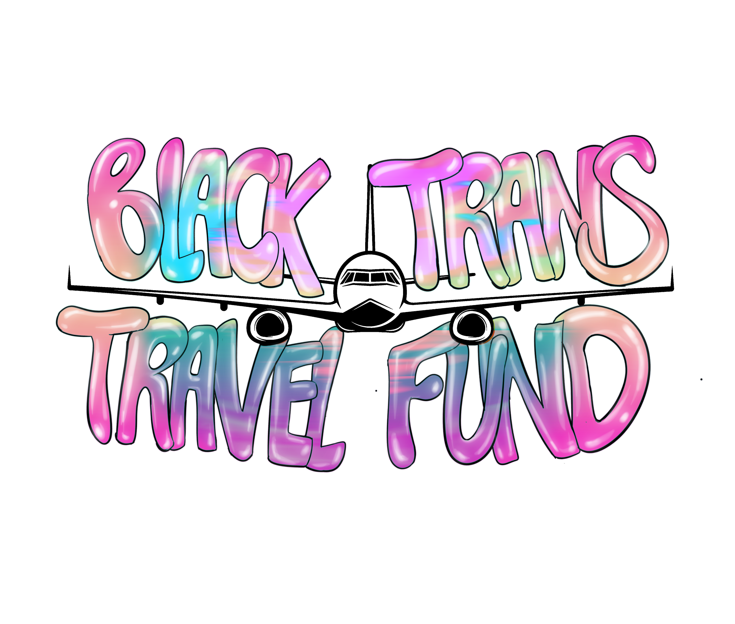 Illustration of an airplane with large, colorful bubble letters reading 
