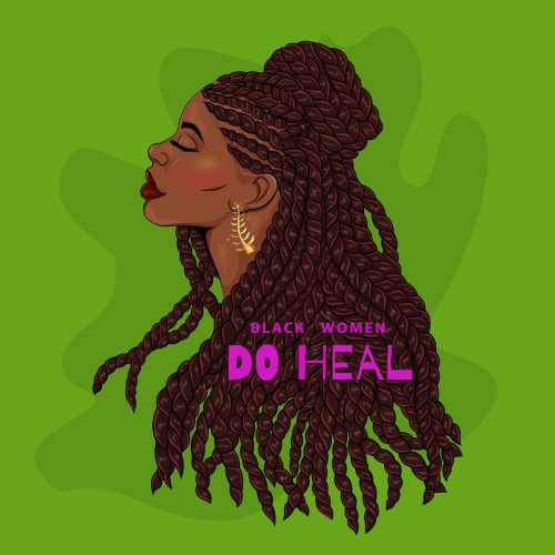 Illustration of a Black woman with long braided hair and gold earring, facing left, on a green background with the text 