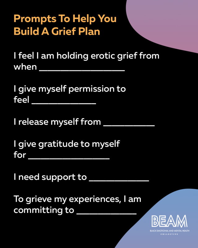 A list of grief plan prompts with fill-in-the-blank statements on a black background, titled "Prompts To Help You Build A Grief Plan" from BEAM Collective.