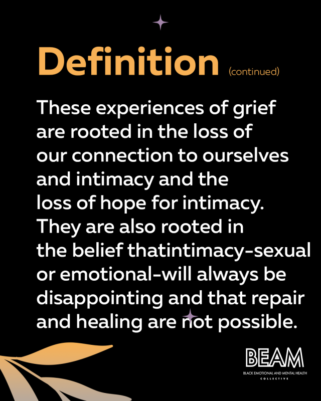 Text graphic with the heading "Definition (continued)" describing grief as rooted in loss of connection, intimacy, and hope, with doubts about repair and healing; BEAM logo at the bottom.