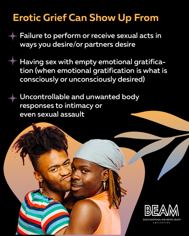 Two people embrace against a black background with text describing sources of erotic grief, including failed desires, empty gratification, and unwanted responses. BEAM logo appears at the bottom.