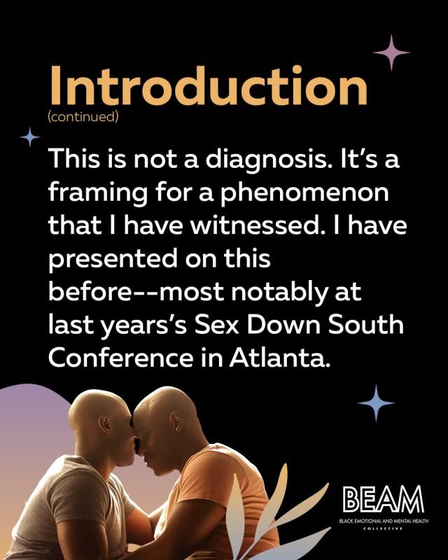 Two people sit closely together with their foreheads touching; text discusses observations presented at the Sex Down South Conference in Atlanta. BEAM logo is at the bottom right.