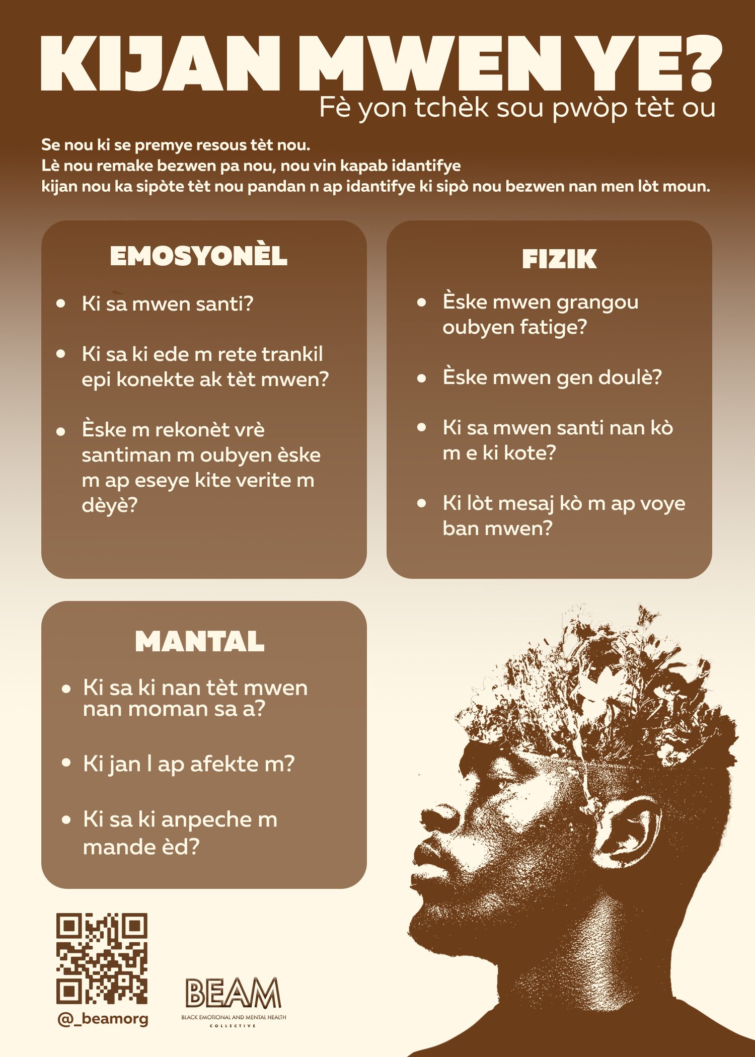 A poster in Haitian Creole discusses emotional, physical, and mental self-awareness with reflective questions and an illustrated profile of a person with flowers in their hair.