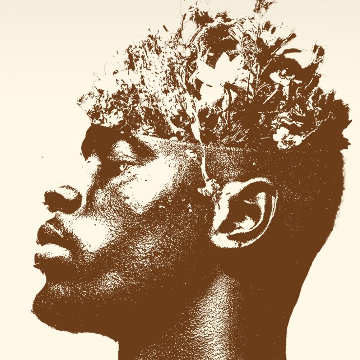 Profile of a man's face with the top of his head illustrated as blooming flowers and plants, blending human features with nature.