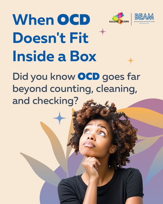 Infographic titled “When OCD Doesn’t Fit Inside a Box,” featuring a woman looking upward and text asking if the reader knows OCD goes beyond counting, cleaning, and checking.