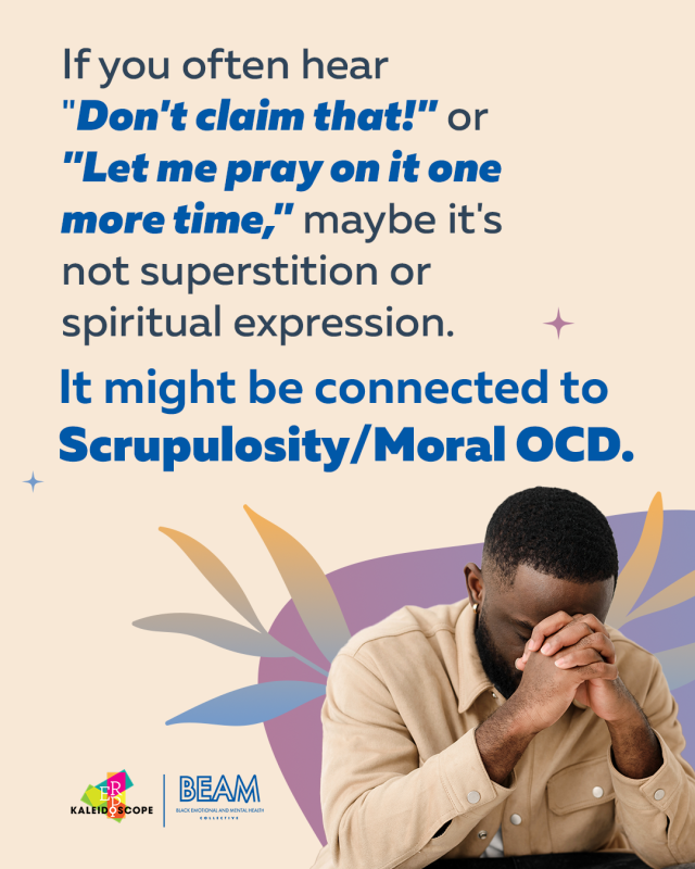 Informational graphic about Scrupulosity/Moral OCD, showing a man with his head in his hands, with text explaining that frequent phrases like “don’t claim that” may be related to OCD rather than spirituality.