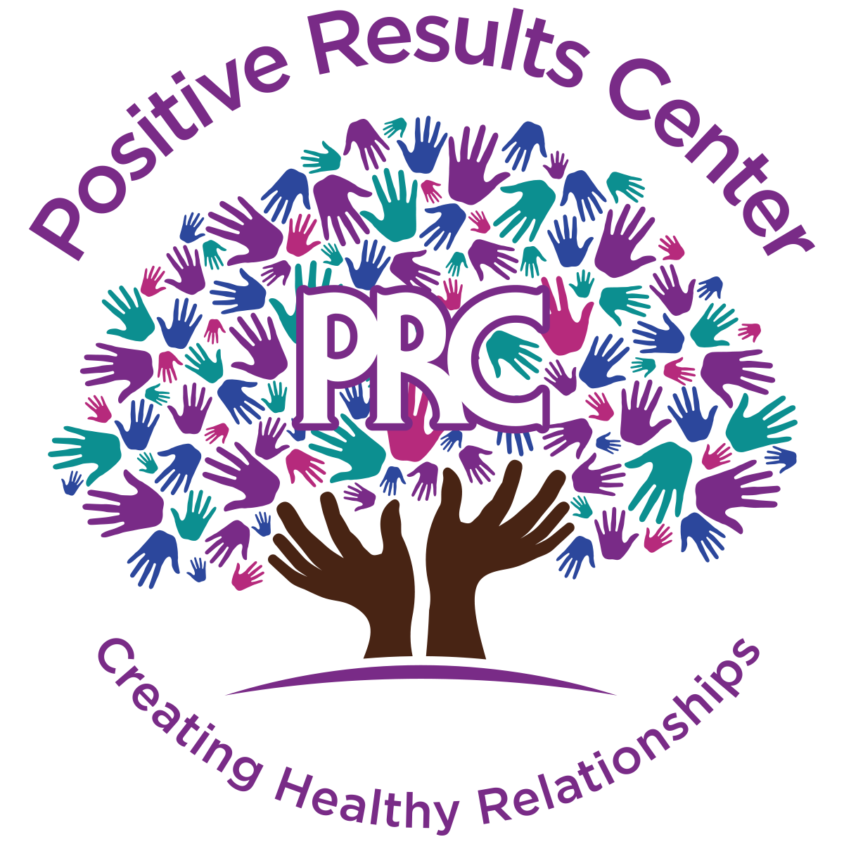Logo of Positive Results Center showing two brown hands holding up a tree made of colorful hands, with the text 