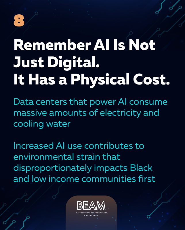 A digital graphic explains AI's physical costs, noting high electricity and water use by data centers and disproportionate environmental impact on Black and low-income communities.