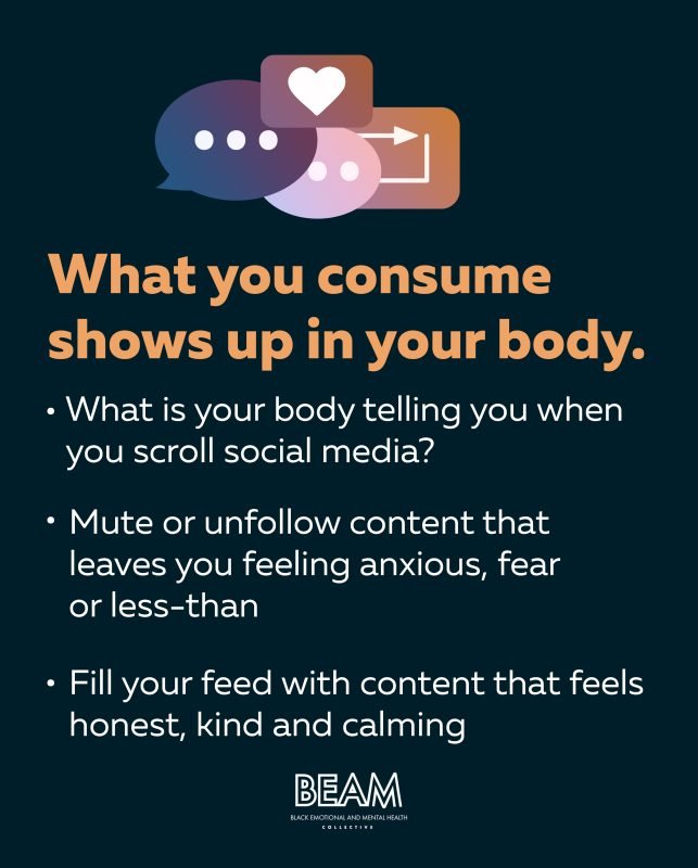 Infographic with speech bubbles and text offering advice on consuming social media that is honest, kind, and calming; BEAM logo at the bottom.
