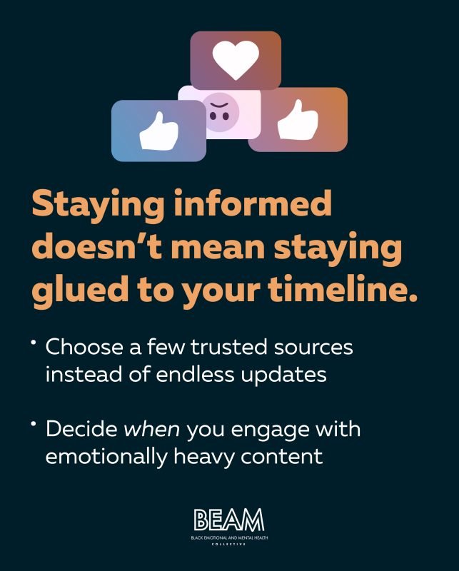 A graphic advises to choose trusted sources and set limits for consuming heavy content, stating, "Staying informed doesn’t mean staying glued to your timeline." BEAM logo at the bottom.