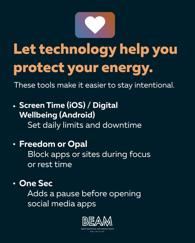 Infographic listing tools to manage technology use: Screen Time/Digital Wellbeing, Freedom/Opal, and One Sec, with the BEAM Black Emotional and Mental Health logo at the bottom.