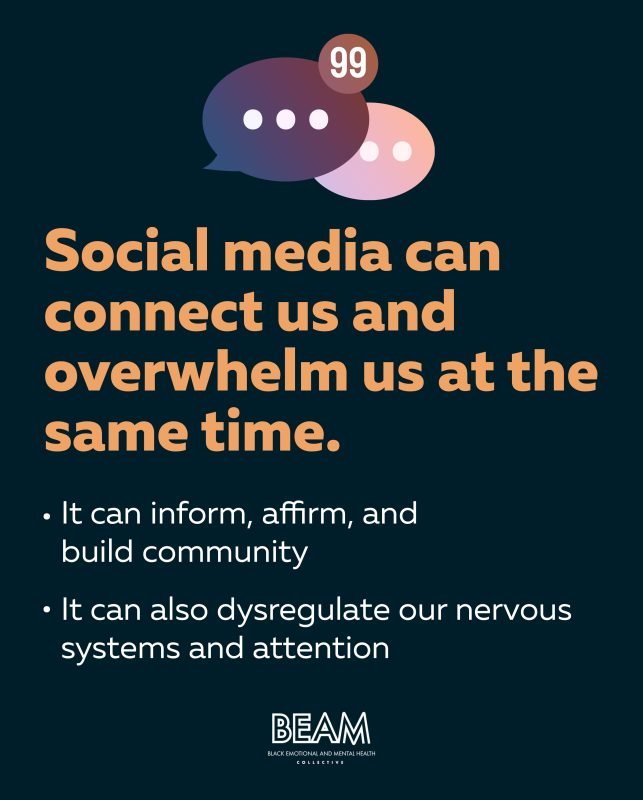 Graphic with speech bubbles and text: "Social media can connect us and overwhelm us at the same time," followed by points about informing community and causing nervous system dysregulation.
