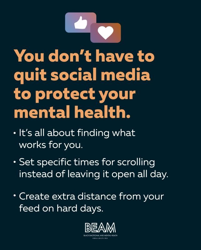 Text graphic with social media icons and the message: "You don’t have to quit social media to protect your mental health," followed by tips for healthier social media use. BEAM logo at bottom.