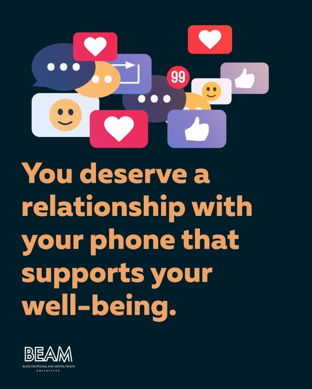 Illustration of social media icons above text that reads: "You deserve a relationship with your phone that supports your well-being." BEAM logo at bottom.