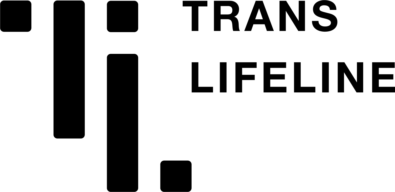 Black and white Trans Lifeline logo with bold vertical bars on the left and the words 