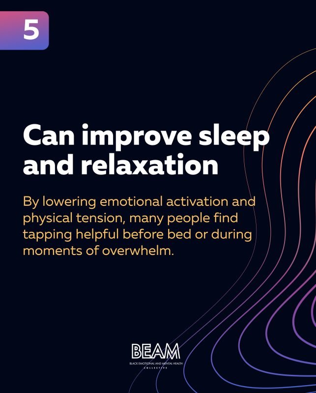 Slide with the heading "Can improve sleep and relaxation," stating that tapping can help reduce emotional activation and tension, aiding sleep or relaxation during overwhelm. BEAM logo at the bottom.