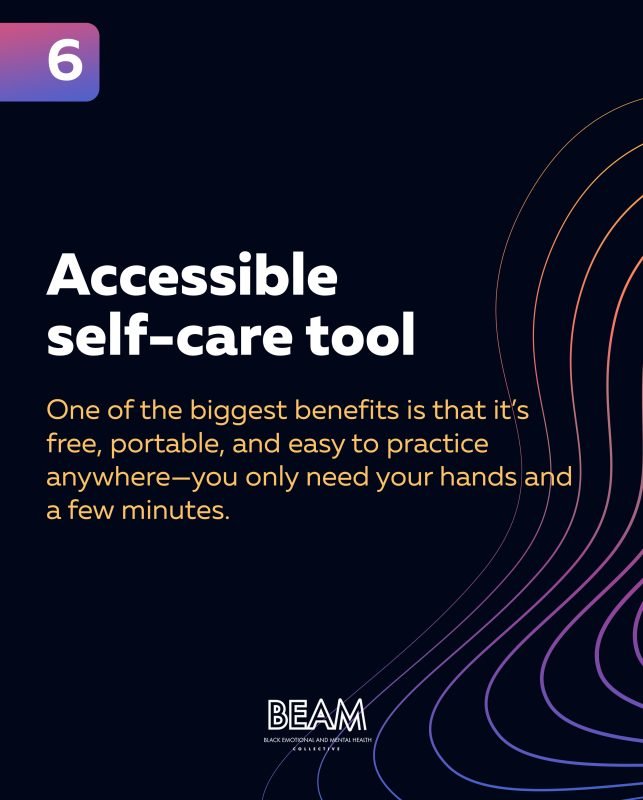 A graphic labeled "6" describes an accessible self-care tool, highlighting its portability, ease of use, and minimal time requirement. BEAM logo appears at the bottom.