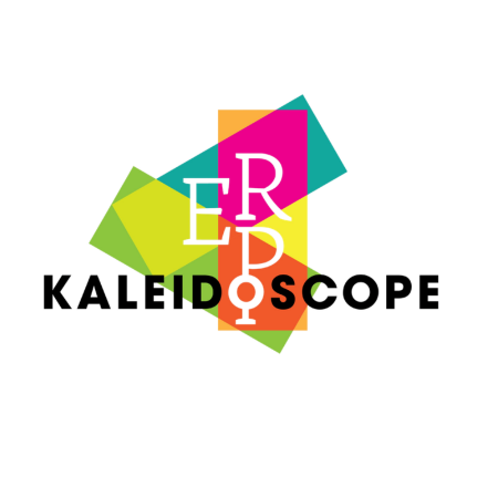 The word "KALEIDOSCOPE" in bold black letters is overlaid on overlapping colorful rectangles with the letters E, R, D, and P in white.