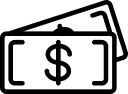 Black and white icon of two overlapping paper bills, with a dollar sign centered on the front bill.
